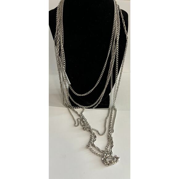 Unknown Jewelry - Vintage Statement Necklace Silver Tone Extra Long Chains  Chunky Minimalist
